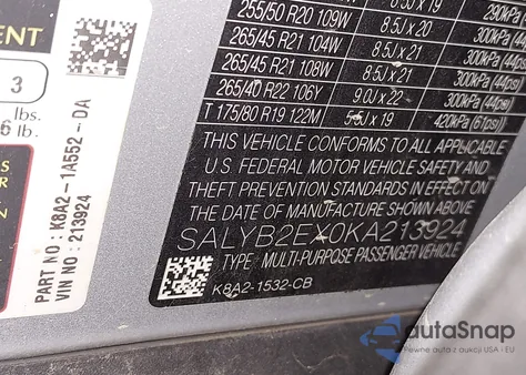 2019 Land Rover Range Rover Velar P250 S from USA, damaged, VIN SALYB2EX0KA213924